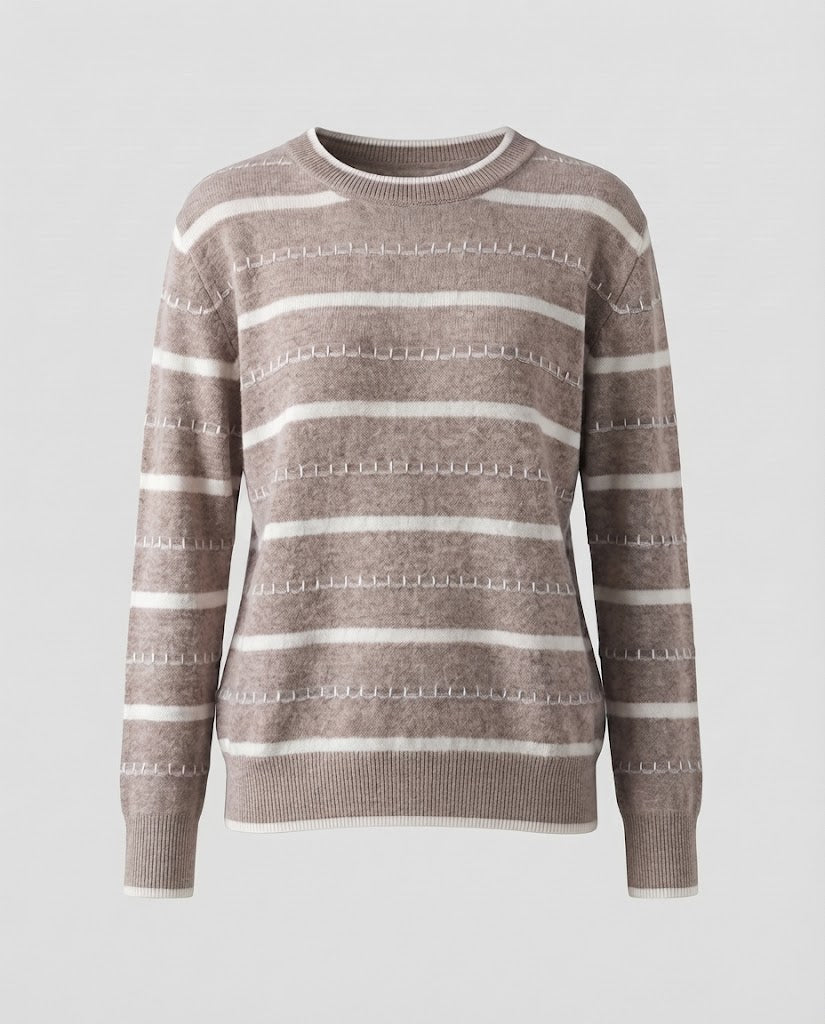 Women's Striped Fine Knit Sweater with Decorative Stitch and Round Neckline Shop Velvia