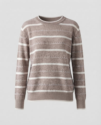 Women's Striped Fine Knit Sweater with Decorative Stitch and Round Neckline Shop Velvia