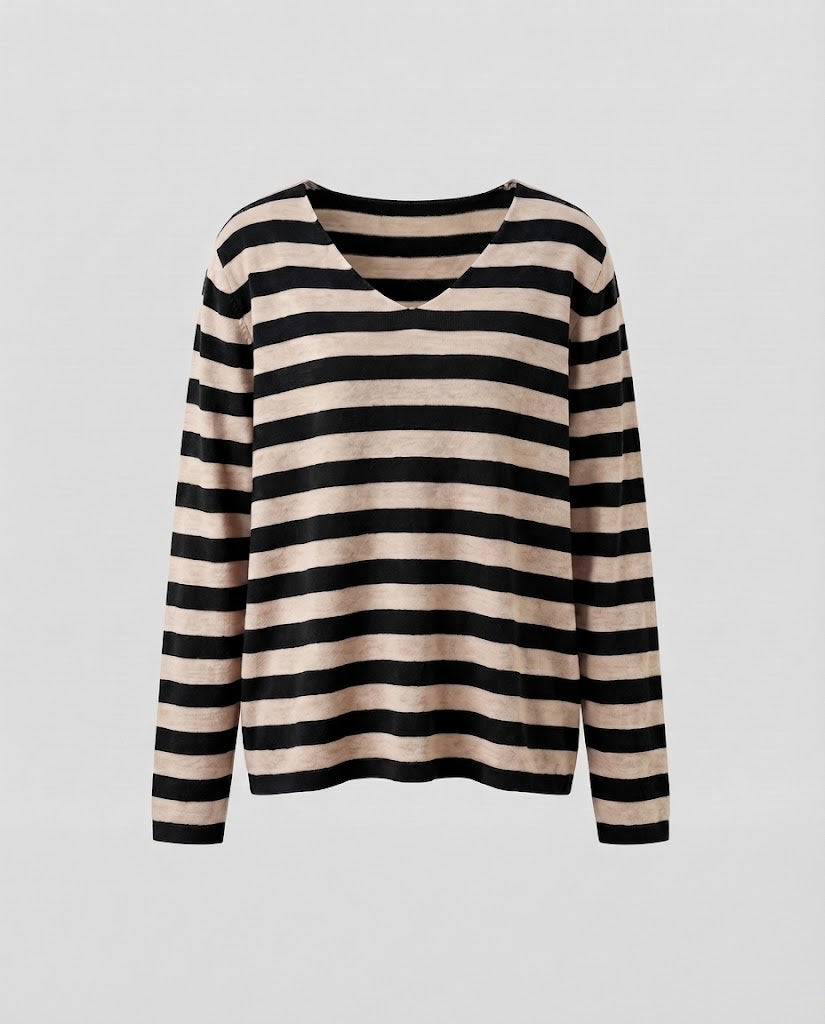 Women's Striped Fine Knit Sweater with V-Neck and Casual Oversized Fit Shop Velvia