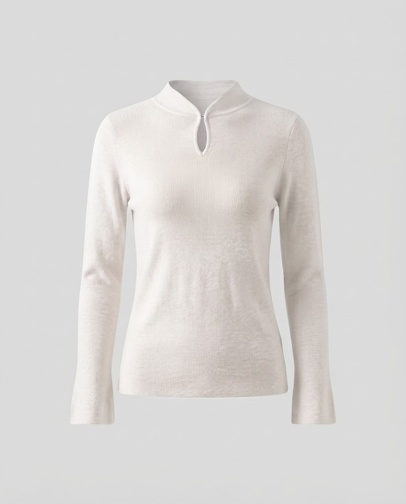 Ladies fine knit long sleeve with short stand-up collar slit button and flared sleeve hem Shop Velvia