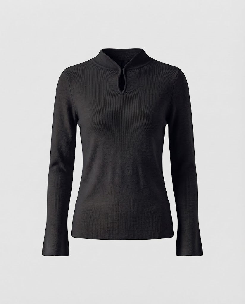 Ladies fine knit long sleeve with short stand-up collar slit button and flared sleeve hem Shop Velvia