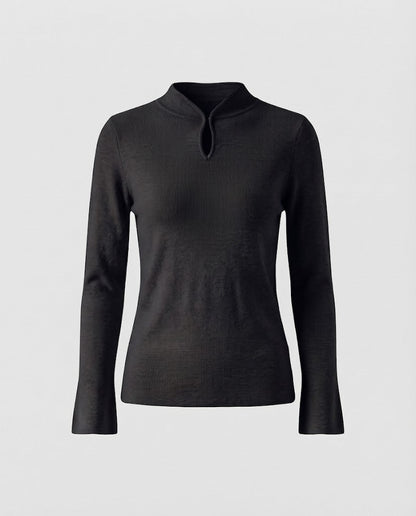 Ladies fine knit long sleeve with short stand-up collar slit button and flared sleeve hem Shop Velvia
