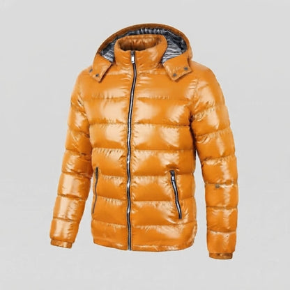 Men's Shiny Padded Jacket with Hood, Striped Lining & Contrast Zippers Shop Velvia