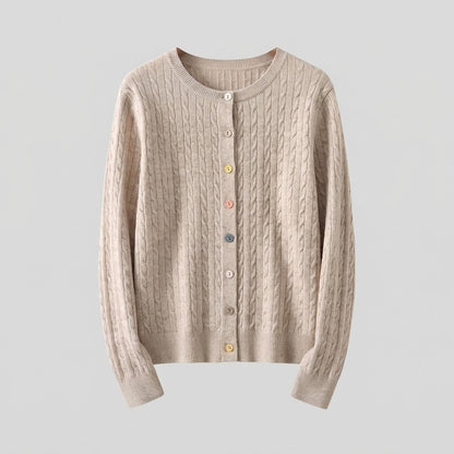 Women's fine knit cardigan with cable pattern and colorful buttons Shop Velvia