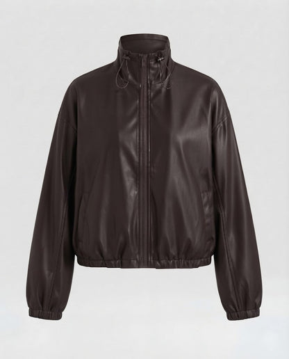 Women's Oversized Faux Leather Bomber Jacket with Stand Collar, Drawstring and Elastic Hem Shop Velvia