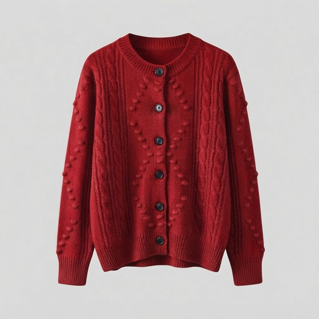 Women’s fine knit cardigan with cable pattern, bobble lace and round neckline Shop Velvia