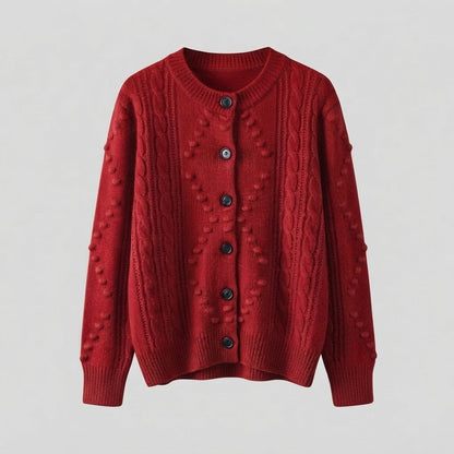Women’s fine knit cardigan with cable pattern, bobble lace and round neckline Shop Velvia