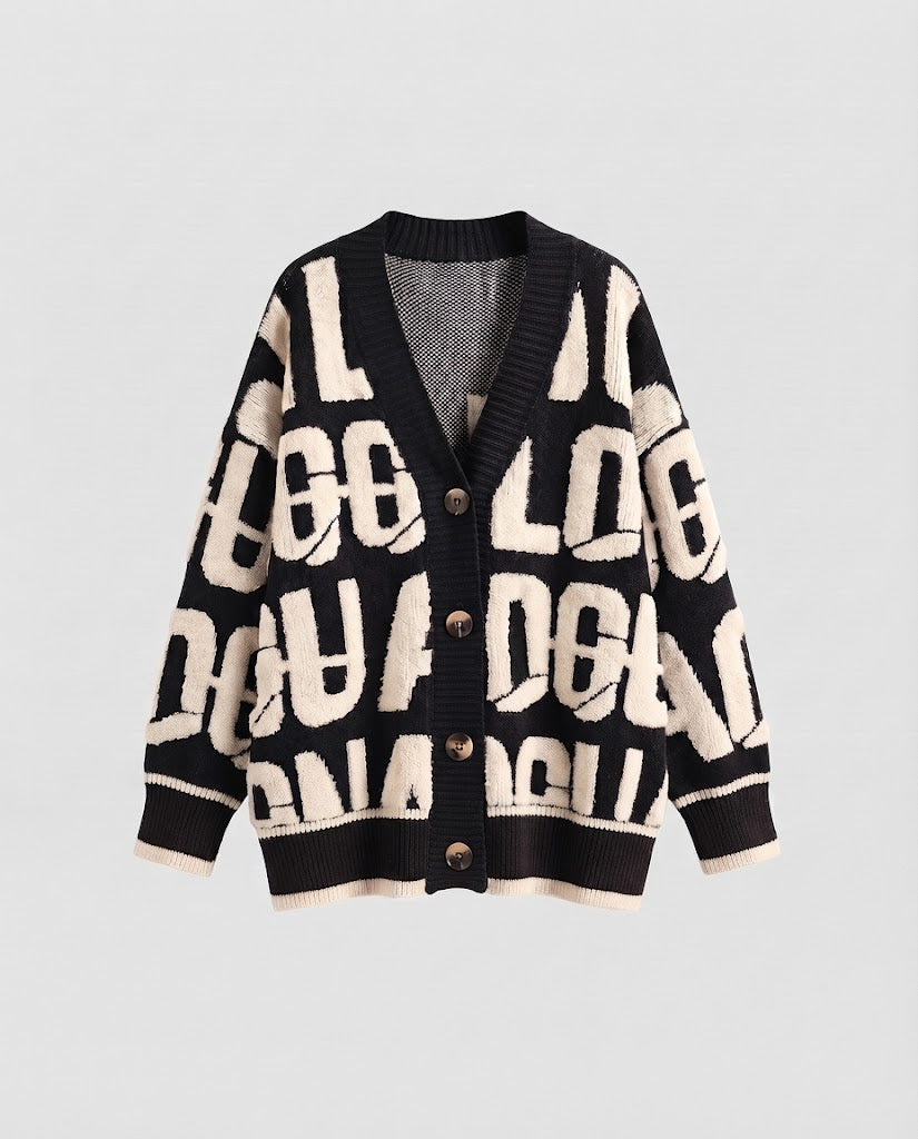 Women's chunky knit cardigan in lettering jacquard with oversized fit and V-neck Shop Velvia