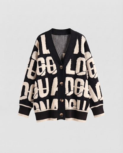 Women's chunky knit cardigan in lettering jacquard with oversized fit and V-neck Shop Velvia