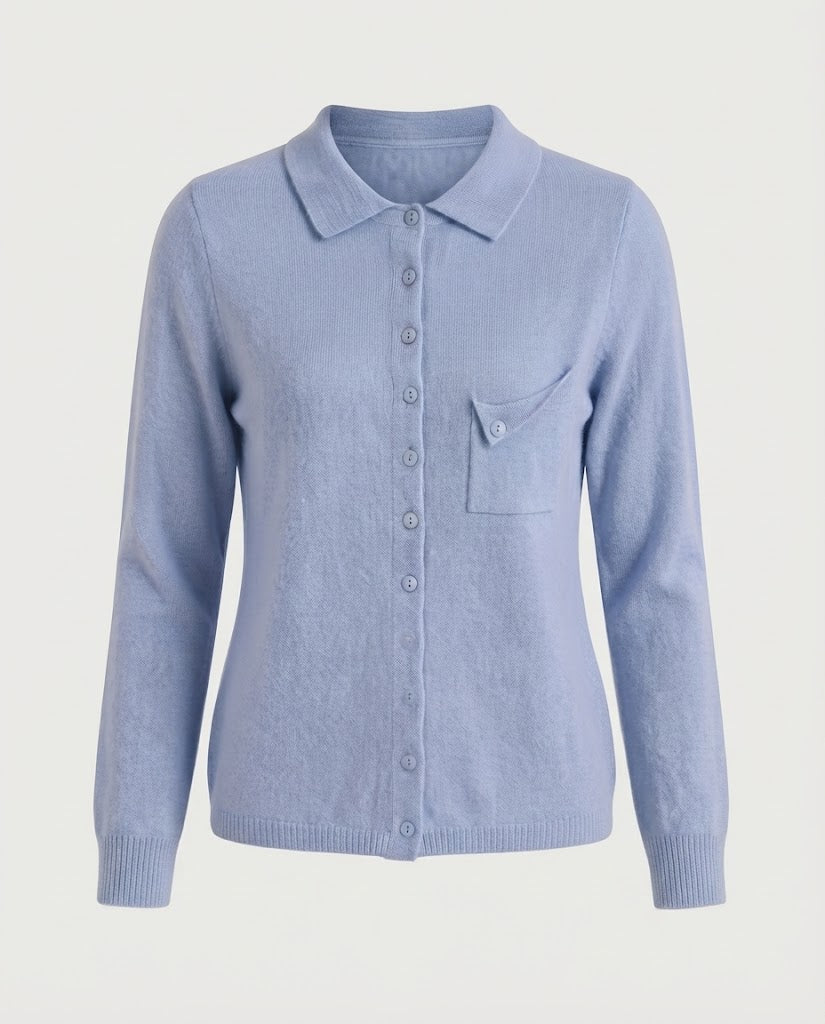 Women's fine-knit cardigan with polo collar, 3/4 sleeves and discreet chest pocket Shop Velvia