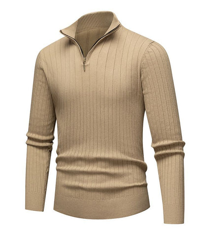 Men's knit sweater with stand-up collar and zipper