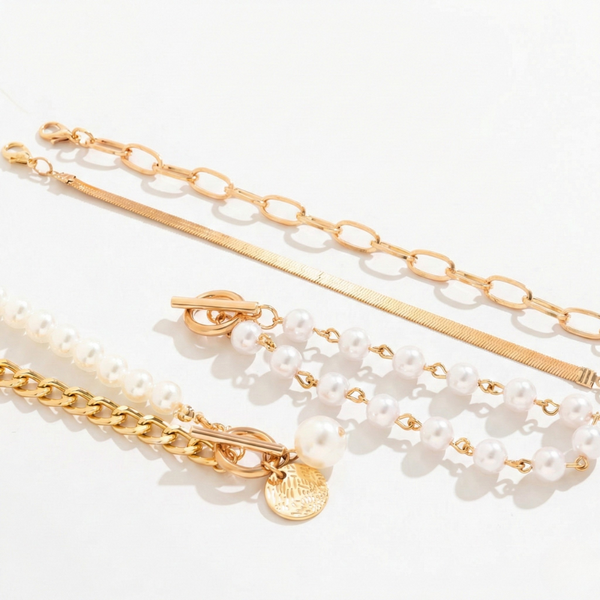 Women's Multi-Strand Bracelet Set with Beads & Chain Elements