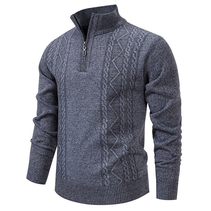 Men's knitted pullover with stand-up collar and half zip
