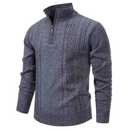 Men's knitted pullover with stand-up collar and half zip