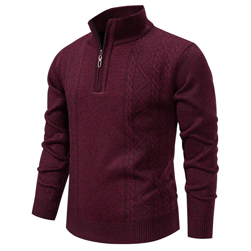 Men's knitted pullover with stand-up collar and half zip
