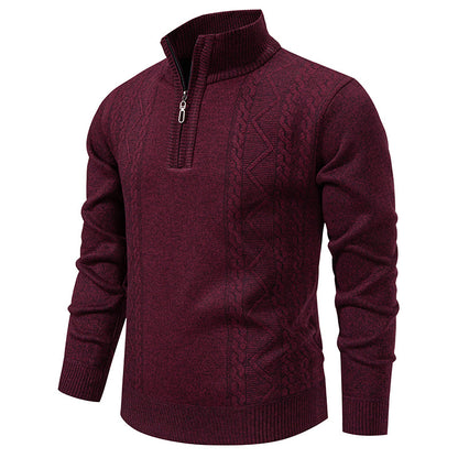 Men's knitted pullover with stand-up collar and half zip