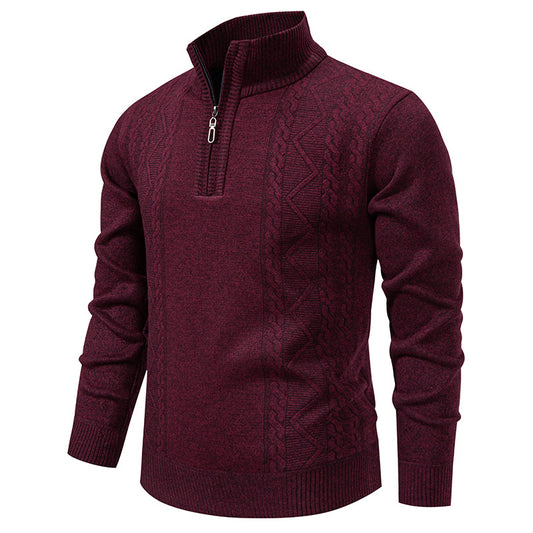 Men's knitted pullover with stand-up collar and half zip