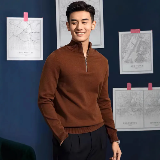 Men's knit sweater with stand-up collar and zipper