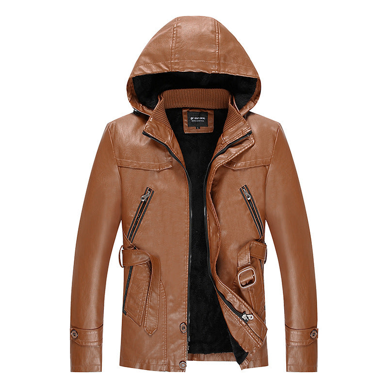 Men's leather jacket with hood and teddy lining, multifunctional utility biker jacket Shop Velvia