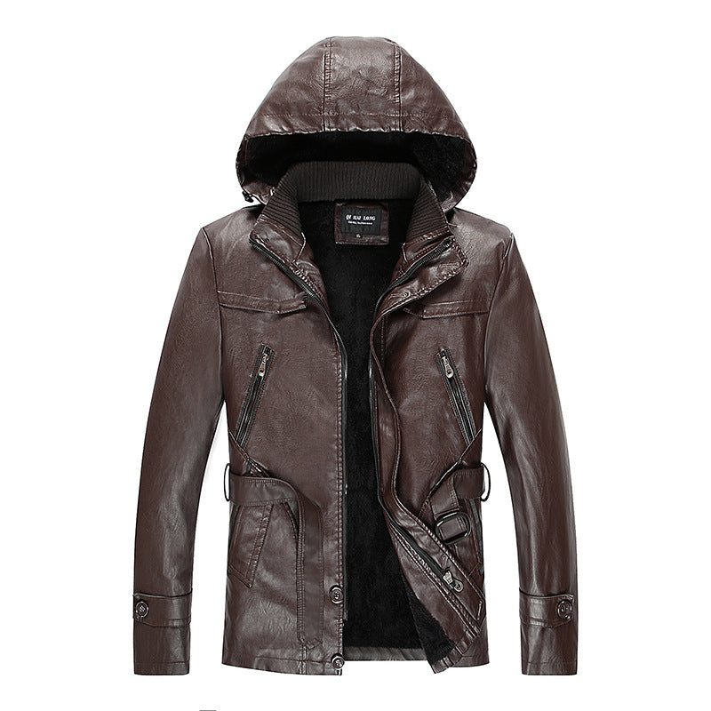 Men's leather jacket with hood and teddy lining, multifunctional utility biker jacket Shop Velvia