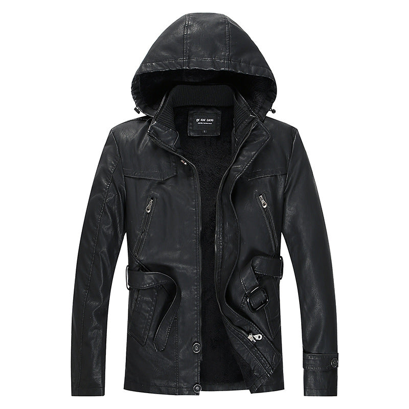 Men's leather jacket with hood and teddy lining, multifunctional utility biker jacket Shop Velvia