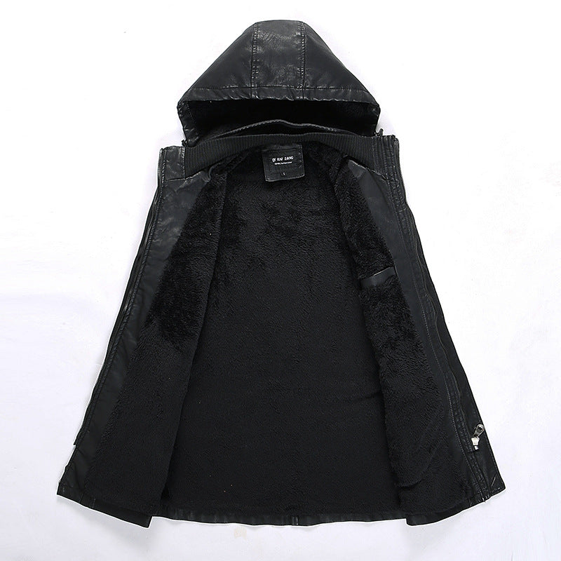 Men's leather jacket with hood and teddy lining, multifunctional utility biker jacket Shop Velvia