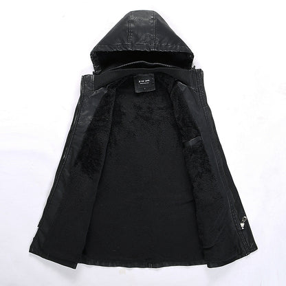Men's leather jacket with hood and teddy lining, multifunctional utility biker jacket Shop Velvia