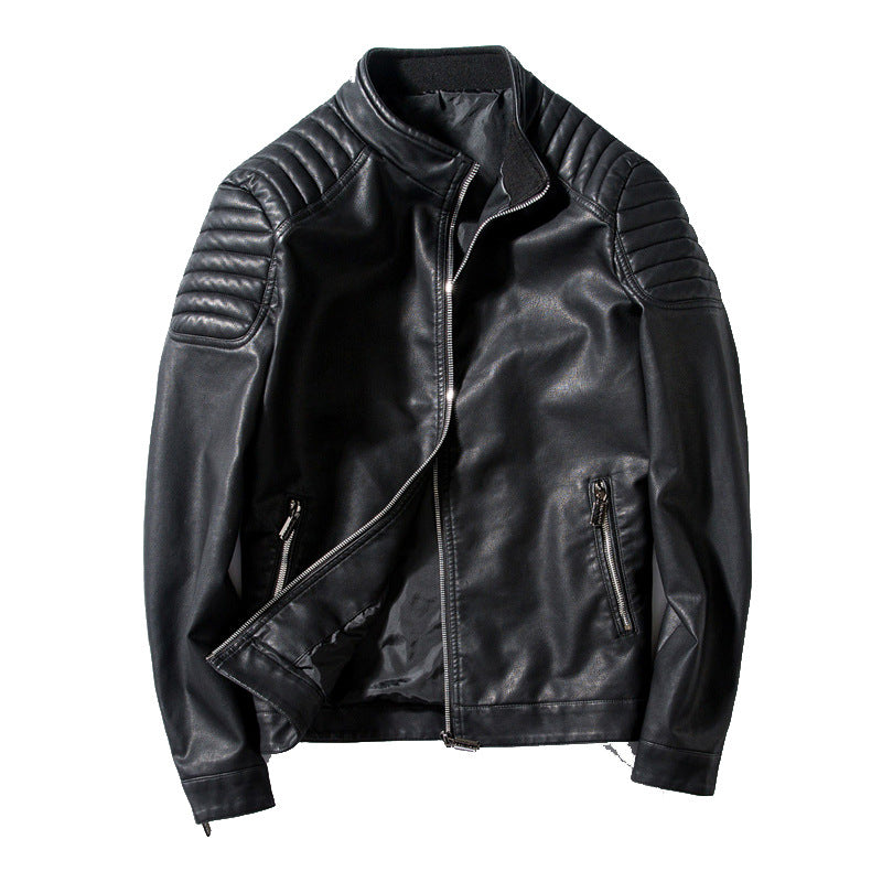 Men's Biker Leather Jacket in Slim Fit with Stand-Up Collar and Quilted Shoulder Area Shop Velvia