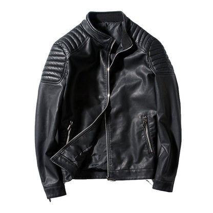 Men's Biker Leather Jacket in Slim Fit with Stand-Up Collar and Quilted Shoulder Area Shop Velvia