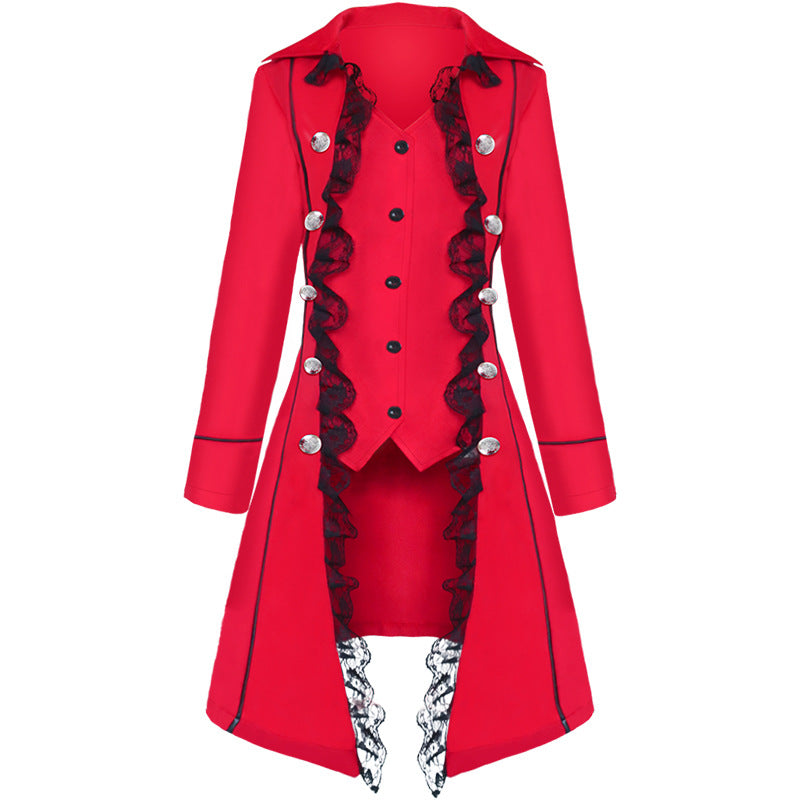 Women tailored evening coat in steampunk style with lace trim and decorative silver buttons Shop Velvia