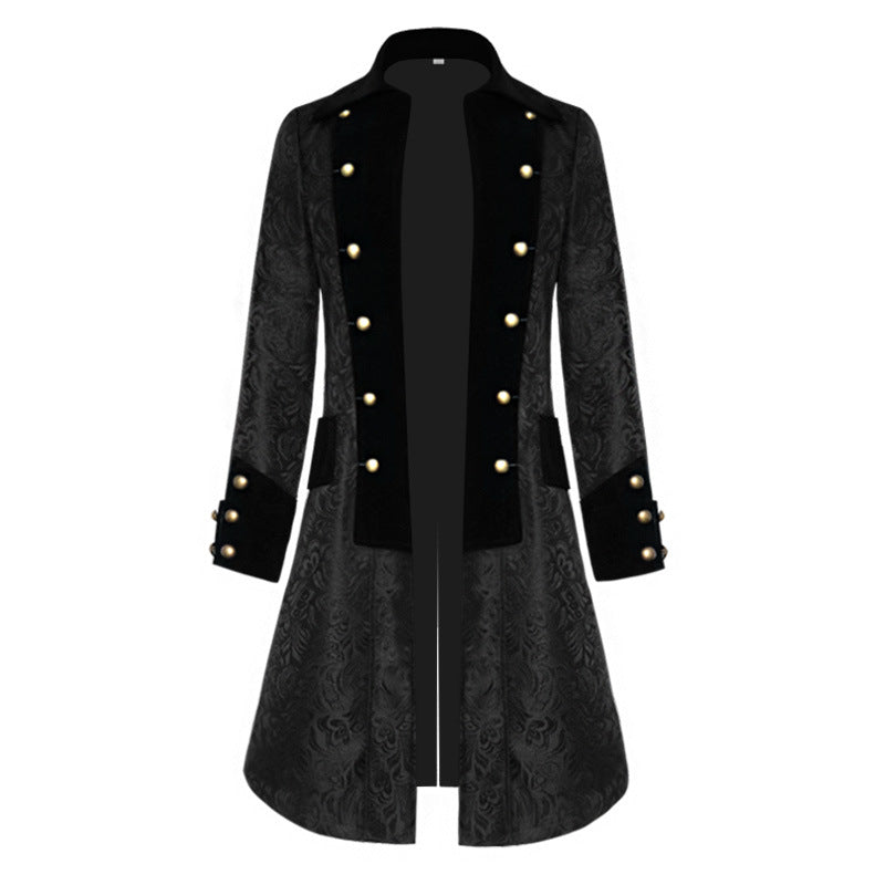 Men's long-cut baroque frock coat with brocade pattern, velvet trim, and golden decorative buttons Shop Velvia