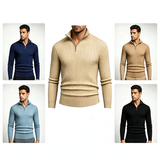 Men's knit sweater with stand-up collar and zipper