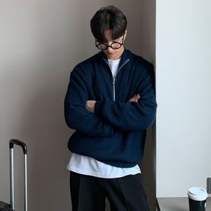 Men's knitted pullover with stand-up collar and half zip