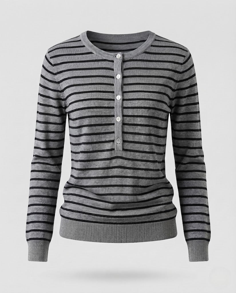Women's Striped Henley Fine Knit Sweater with Button Placket Shop Velvia