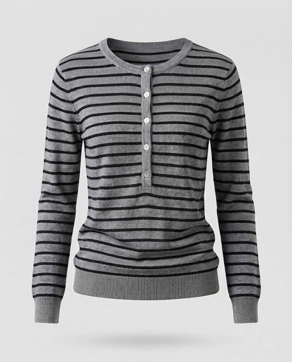 Women's Striped Henley Fine Knit Sweater with Button Placket Shop Velvia