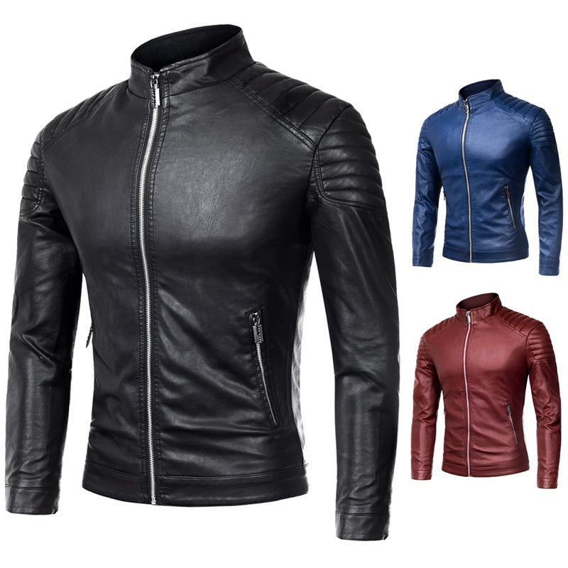 Men's Biker Leather Jacket in Slim Fit with Stand-Up Collar and Quilted Shoulder Area Shop Velvia