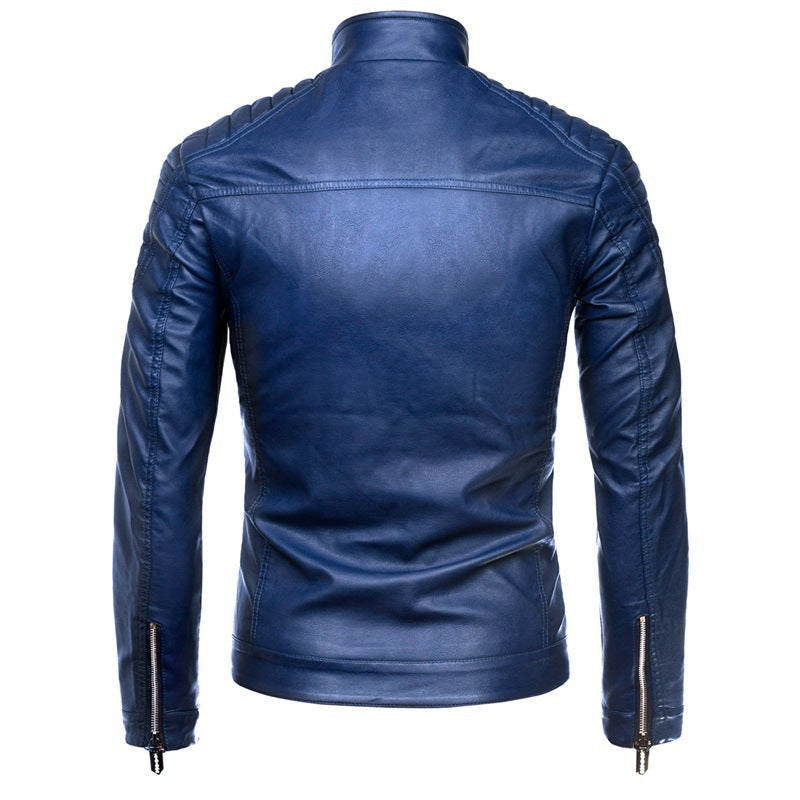 Men's Biker Leather Jacket in Slim Fit with Stand-Up Collar and Quilted Shoulder Area Shop Velvia