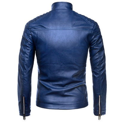 Men's Biker Leather Jacket in Slim Fit with Stand-Up Collar and Quilted Shoulder Area Shop Velvia