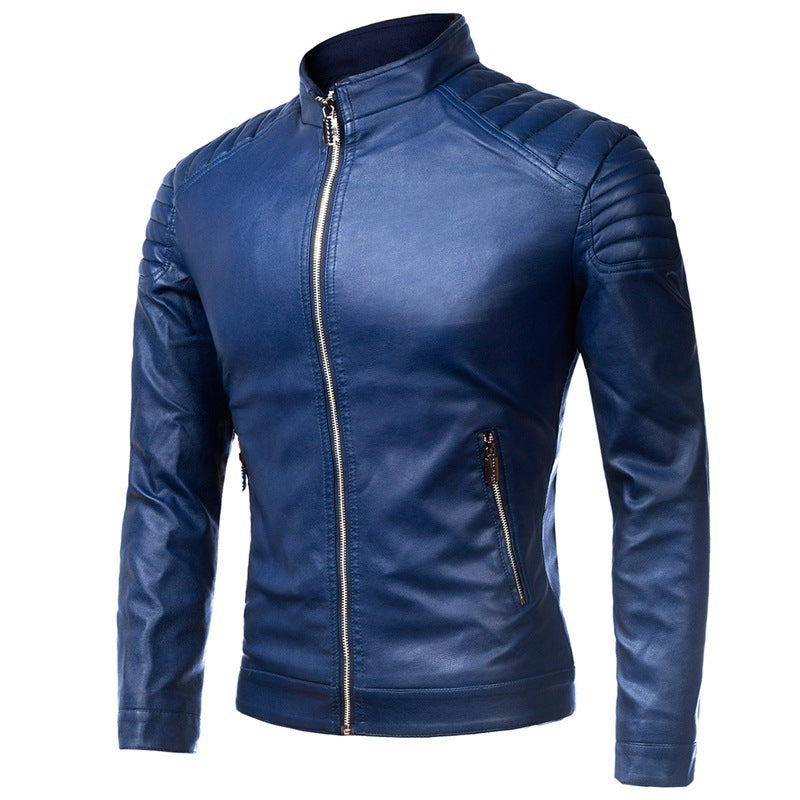 Men's Biker Leather Jacket in Slim Fit with Stand-Up Collar and Quilted Shoulder Area Shop Velvia