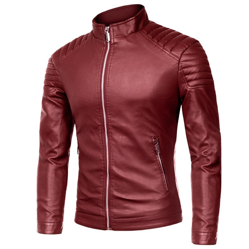 Men's Biker Leather Jacket in Slim Fit with Stand-Up Collar and Quilted Shoulder Area Shop Velvia