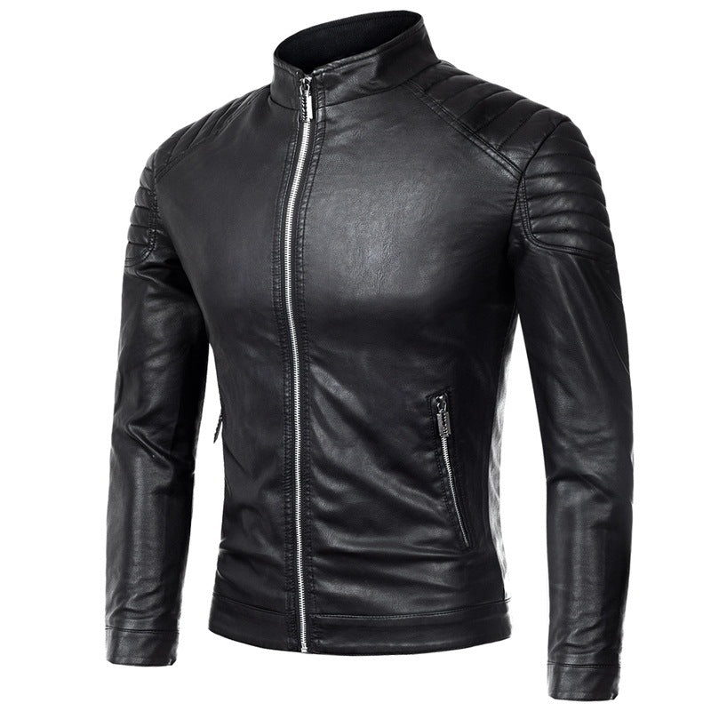Men's Biker Leather Jacket in Slim Fit with Stand-Up Collar and Quilted Shoulder Area Shop Velvia