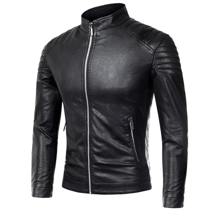Men's Biker Leather Jacket in Slim Fit with Stand-Up Collar and Quilted Shoulder Area Shop Velvia
