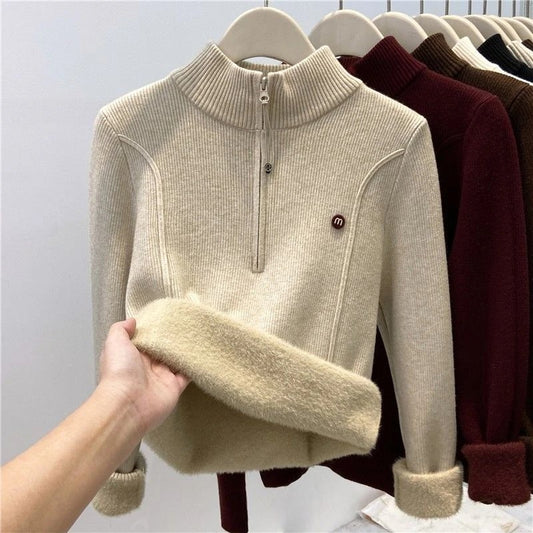 Women's knitted sweater with zipper and stand-up collar