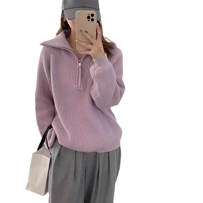 Women’s knitted pullover with zipper, ribbed knit