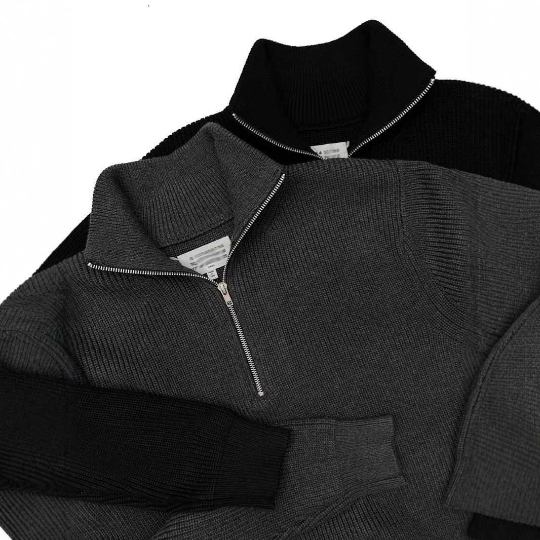 Unisex knitted sweater with zipper and stand-up collar