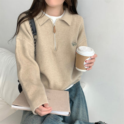 Polo knit sweater with zipper