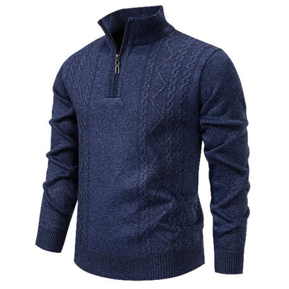 Men's knitted pullover with stand-up collar and half zip