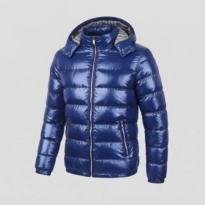 Men's Shiny Padded Jacket with Hood, Striped Lining & Contrast Zippers Shop Velvia