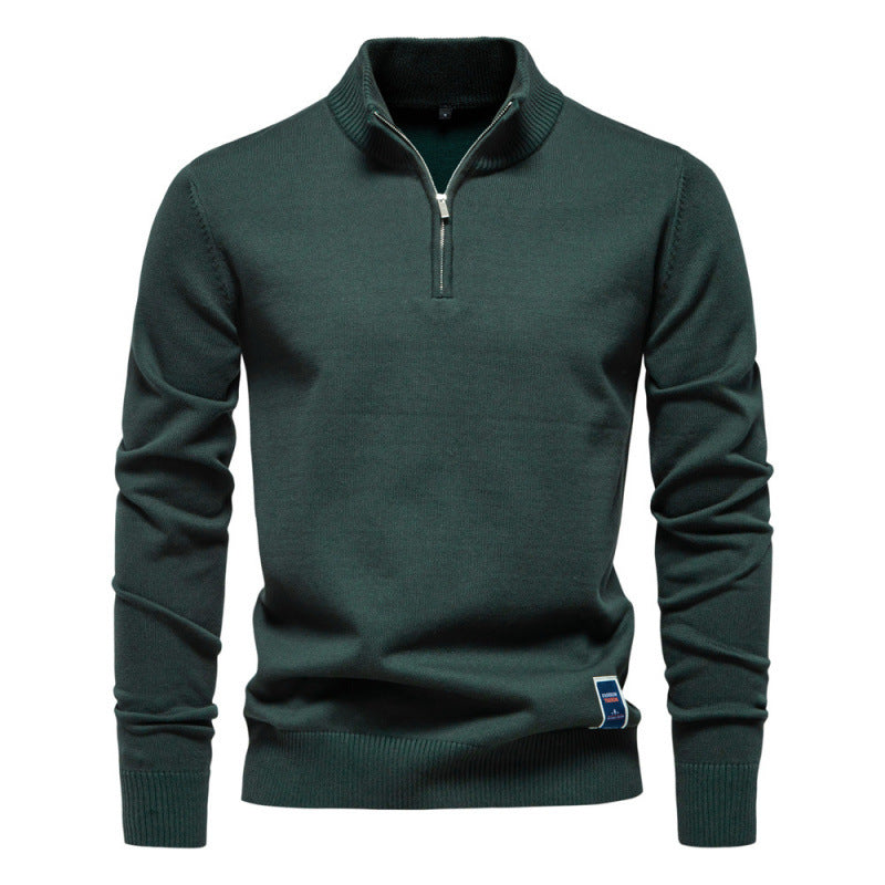 Men's knit sweater with stand-up collar and zipper