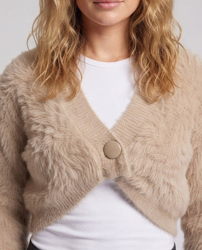 Ladies short cardigan made of fluffy faux fur knit with deep V-neck and decorative button Shop Velvia